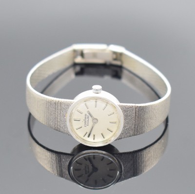 PALLAS Exquisit Damenarmbanduhr in WG 585/000, Deutschland um 1965, Handaufzug, 2-teil. Gehäuse, Boden aufgedr., Milanaiseband, silb. Zifferbl. m. ...