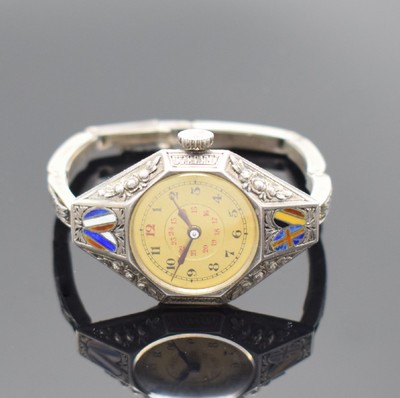 VITALIS sehr seltene frühe Armbanduhr zum Kriegsende 1918 in Silber, Schweiz um 1918, Handaufzug, lang gezogenes 8-eckiges Scharniergeh., an 4 ...