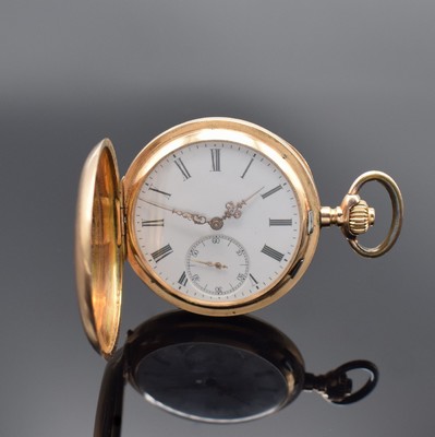 Savonette Herrentaschenuhr in RG 585/000, Schweiz um 1910, guill. 2-Deckel Goldgeh. l. dell., verg. Cuv., Emailzifferbl. m. röm. Std., verg. 3/4 ...