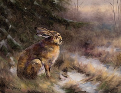 Paul W. Dahms, 1913-1988, deutscher Maler von Winter- und Moorlandschaften mit heimischen Wildtieren, Feldhase in Winterwald, links unten signiert, ...