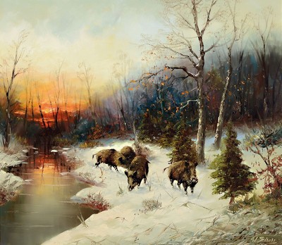 W. Scholl, Düsseldorfer Schule, Mitte 20.Jh. , Wildschweine in abendlichem Winterwald, signiert, Öl/Lwd, Rahmen 90x97 cm