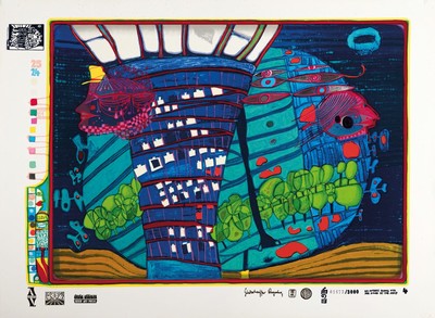 Friedensreich Hundertwasser, 1928-2000, Serigraphie in 30 Farben,davon 2 phosphoreszierend, Metallprägung, 650A "Fluchtins All", Blatt 4 ...