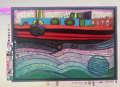 Friedensreich Hundertwasser, 1928-2000, Serigraphie in 23 Farben, Metallprägung u. Glasstaubauflage, 697A "Regentag auf Liebe Wellen", ...