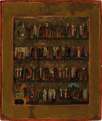 Monatsikone April, Russland, um 1900, Tempera auf Holz, mit Darstellungen aller Heiligen des Monats, ca. 31x26cm