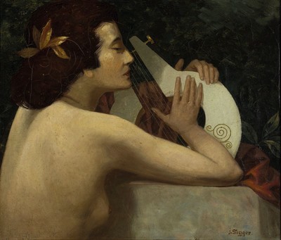 J. Stigger, Maler um 1900, Junge Frau mit Laute, Öl/Lwd, altersbedingt krakeliert, rechts unten signiert, ca. 35x41cm, R. ca. 41x47cm