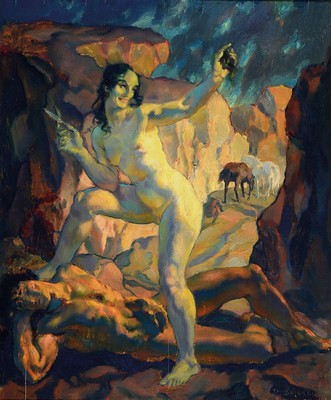 Theodor Baierl, 1881-1932 München, Samson und Dalila, rückseitig so betitelt, Öl/Holz, leicht spannungsrißig, rechts unten signiert, ca. 65x54cm, ...