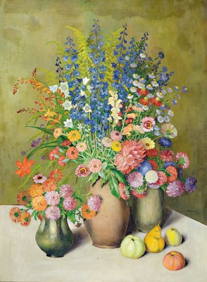 Kiyonobu Okuno, datiert 1941, Stillleben mit bunten Blumensträußen in drei Krügen, Öl/Lwd, seitlich rechts signiert und dat. 41, rückseitig ...