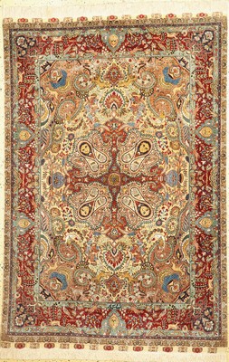 Täbriz fein alt, signiert, Persien, um 1940, Korkwolle mit und auf Seide, ca. 217 x 145 cm, ca. 500.000 Kn/qm, gereinigt, EHZ: 1-2.