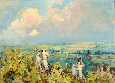 Hanns Fay, 1888 Frankenthal-1957 Neustadt, Ausbildung zum Dekorationsmaler, Weinlese mit Blick über die Pfalz, links unten signiert, Öl/Lwd, 55x75 ...