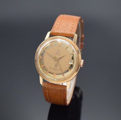 VENUS Herrenarmbanduhr in RG 750/000, Schweiz um 1960, Automatik, 2-tlg. Geh., Boden verschr., aufwendiges gold. Duoton-Zifferbl.,aufges. gold. ...