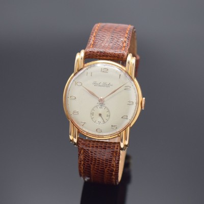 PAUL BUHRE Herrenarmbanduhr in RG 750/000, Schweiz um 1945, Handaufzug, 2-tlg. Geh. m. ausgefallenen Anstößen, Boden aufgedr., silb. Zifferbl. fl., ...