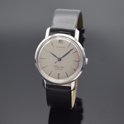 LONGINES Flagship Herrenarmbanduhr in Stahl, Schweiz um 1962, Automatik, verschr. Geh., Boden m. Goldplakette, orig. Krone, silb. Zifferbl., aufges. ...