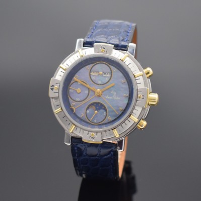 LUCIEN ROCHAT Herrenchronograph mit Voll- Kalender in Stahl, Schweiz um 1990, Automatik, Geh. m. eins. drehb. Lunette, einges. Gold-Indexe, Boden u. ...