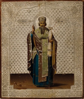 2 Ikonen, Russland, um 1900, je ein Patriarch im Ganzporträt, Tempera auf Holz, Goldgrund (einer abgewaschen), mit Alterssp., je ca. 31x27cm
