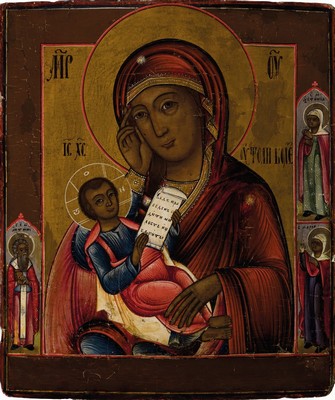 3 Ikonen, Russland, um 1900, mit versch. Darstellungen der Gottesmutter Maria, Tempera auf Holz, 1x mit Schriftrolle, ca. 35x29cm, 1x mit Jesuskind ...