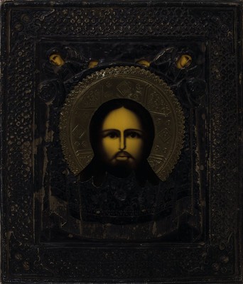 Ikone, Russland, um 1900-1910, Christus im Mandylion, Tempera auf Holz, versilbertes geprägtes Metalloklad, Messinggloriole, ca. 30x26cm