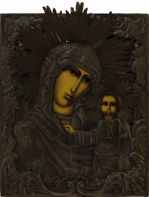 2 Ikonen, Russland, 1. Hälfte 20. Jh., Gottesmutter mit Kind und Christus Pantokrator, Tempera auf Holz, mit reich geprägten Metallokladen, ca. ...