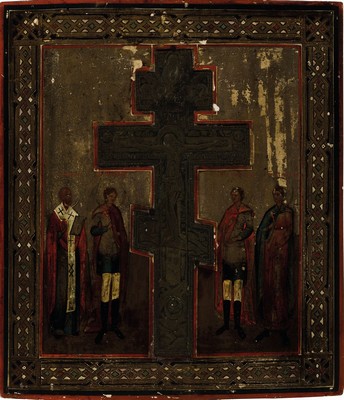 Staurothek-Ikone, Russland, um 1900, Tempera auf Holz, mittig eingelegtes Kreuz, dieses Messing reliefiert, ca. 35x30cm