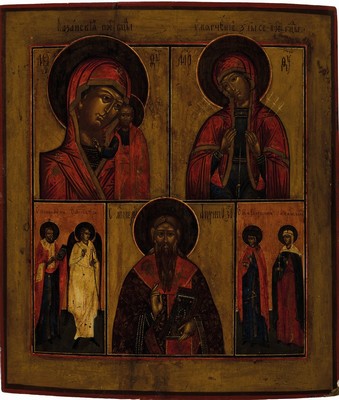 Fünffelder-Ikone, Russland, um 1890-1900, Tempera auf Holz, mit altersbedingten Oberflächenschäden, ca. 35x31cm