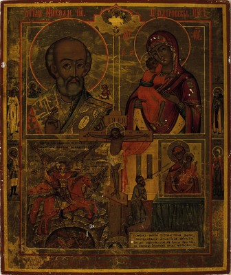 Vierfelderikone, Russland, um 1880-90, Hl. Nikolaus, Gottesmutter mit Kind, Erzengel Michael, Anbetung der Marienikone, Tempera auf Holz, mit ...