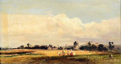 Amedée Faure, 1801-1878 Paris, Weite sommerliche Landschaft mit Getreide erntenden Bauern, Öl/Lwd, links unten signiert und dat. 1853, ca. 22x40cm, ...