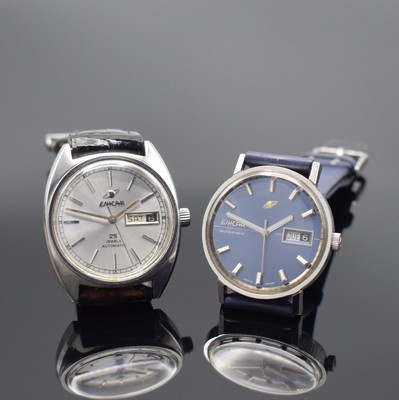 Konvolut: 2 Enicar Armbanduhren, beide Automatik, Schweiz 1970er Jahre, Ref. 197-03- 01 und 2167-51-29, Edelstahlgeh., Böden verschr., 1 x blaues ...