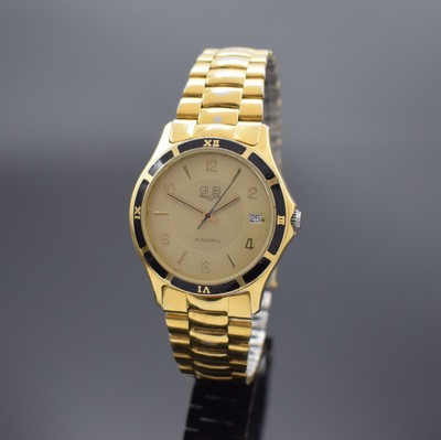 GUB vergoldete Stahl Herrenarmbanduhr, Deutschland/Schweiz Anfang 1990er Jahre, Automatik, beids. vergl. Geh., Boden verschr., schwarze Lünette m. ...