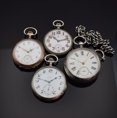 OMEGA und 3 weitere offene Taschenuhren, Schweiz / England ca. 1880 - 1940, 1. Omega, Nickelgeh., Emailzifferbl. def., Leuchtzahlen und -zeiger, ...