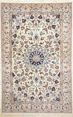 Nain fein(6 La), Persien, ca. 50 Jahre, Korkwolle mit Seide, ca. 200 x 130 cm, ca. 1,0Mio. Kn/qm, verschmutzt, EHZ: 1-2
