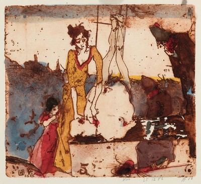 Horst janssen, 1929-1995 Hamburg, Aquarell über Radierung auf Japanbütten, "5.6.86", aus der Serie "Svanshall verkehrt" (1986), ...