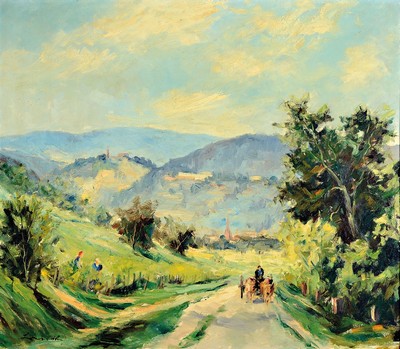 Robert Lauth, 1896-1985 Ludwigshafen, Weinlese in der Südpfalz, wohl Blick auf Edenkoben, links unten signiert, Öl/Lwd, 72x80cm, R. 83x92 cm, ...