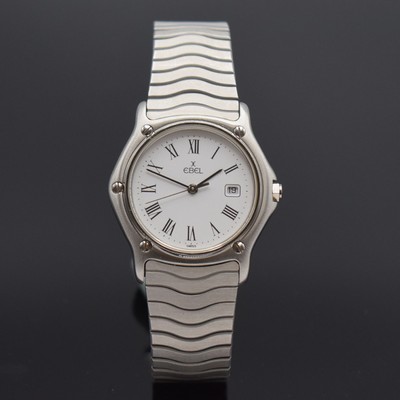 EBEL Sport Classique Armbanduhr in Stahl Referenz 983909, Schweiz um 1990, quarz, Stülpgeh., Lünette 5-fach verschr., Wellengliederband, weißes ...