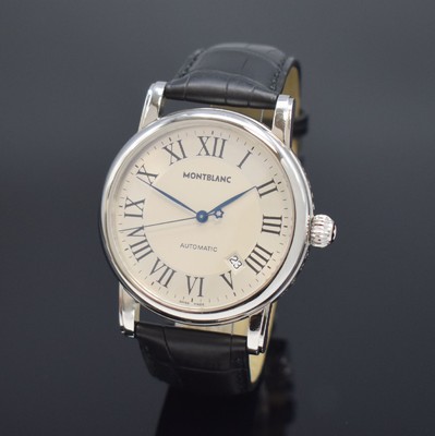 MONTBLANC Star Herrenarmbanduhr Referenz 7068, Schweiz um 2005, Automatik, Edelstahlgeh., Boden aufgedr., orig. Lederband m. orig. Faltschl., silb. ...