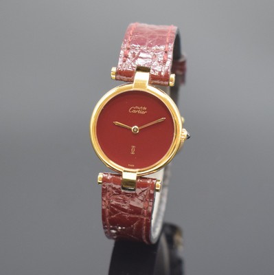 CARTIER Vendome Damenarmbanduhr, Schweiz um 1990, quarz, 2-teil. Silbergeh. vergoldet, Boden 2-fach verschr., bordeaux-farb. Zifferbl. m. röm. ...