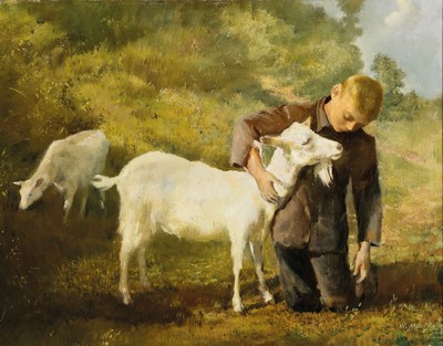 W. Mantz oder Mauß, erste Hälfte 20. Jh., Junge mit Ziegen, Öl/Lwd, unleserlich signiert, ca. 50 x 64 cm