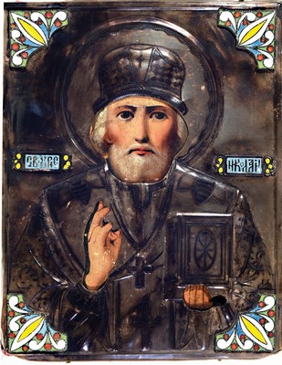 Ikone, Russland, um 1890/1900, Heiliger Nikolaus, Silberoklad, mit emaillierten Applikationen, ziseliert, Eitempera auf Holz, 18.5 x 14.5 cm, ...