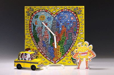 James Rizzi für Goebel, Lot aus 3 Porzellanobjekten, " Eye only have eyes for your", H. ca. 13 cm, "A taxi to remember" ca. 9x14 ...