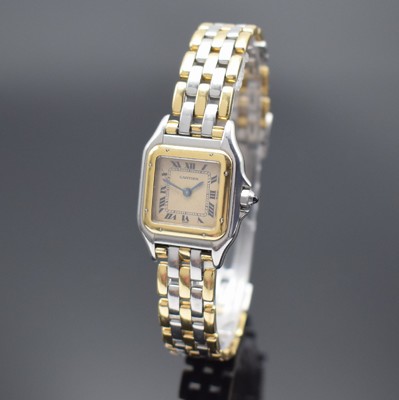 CARTIER Panthere Damenarmbanduhr in Stahl/Gold, Schweiz um 1990, quarz, Boden 8-fach verschr., orig. Gliederband m. dopp. Faltschl., Zifferbl. m. ...
