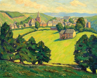 Alfred Holler, 1888 Krefeld-vor 1955, sommerliche hügelige Landschaft mit Blick auf eine Ortschaft mit Kirche, Öl/Lwd, links unten signiert, ca. ...