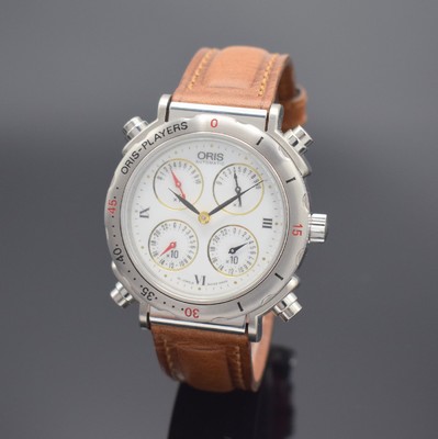 ORIS Players Herrenarmbanduhr, Automatik, Schweiz um 2000, zum festhalten sportlicher Ergebnisse (z. B. Golf), Edelstahlgeh. z. T. mattiert, Boden ...