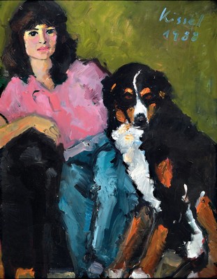 Gernot Kissel, 1939 Worms-2008, aus dem Atelier Kissel, großformatiges Damenbildnis mit Berner Sennenhund, junge Frau mit dunklen Haaren und pinkem ...