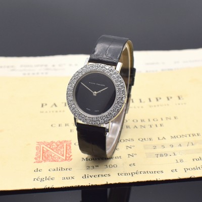PATEK PHILIPPE sehr seltene Armbanduhr in Platin Referenz 2594/10 mit originalem Brillantbesatz, Handaufzug, verk. lt. original Zertifikat und ...