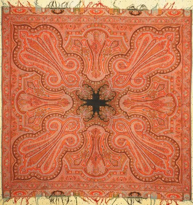 Kaschmir Shawl, Indien, um 1930, Wolle gewebt auf Wolle, ca. 180 x 177 cm, EHZ: 1-2 (kleine Löcher)