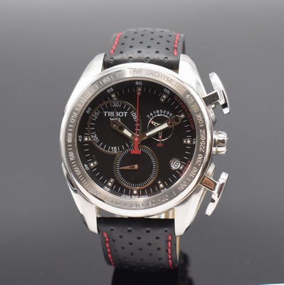 TISSOT T-Sport Racing Herrenarmbanduhr mit Chronograph, Schweiz um 2010, quarz, großes Edelstahlgeh., Boden aufgedr., orig. Lederband m. orig. ...