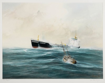 Hans Peter Jürgens, 1924 Cuxhaven - 2011 Kiel -Holtenau, Kapitänbild, Frachter T.M.S. Conger, Gouache auf Papier, re. u. signiert und auf PP. ...