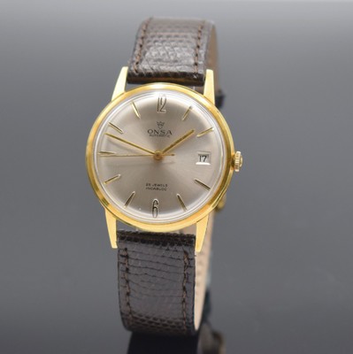 ONSA in GG 750/000 und RENO im vergoldeten Gehäuse, 2 Herrenarmbanduhren, Schweiz und Deutschland um 1960, beide Automatik, Böden aufgedr., 1) ONSA ...