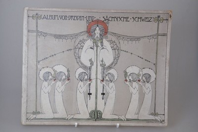 Album von Dresden und Sächsische Schweiz, Berlin, Globus o.J. (um 1899), reich illustrierter Deckeltitel von Jessie Marion King (1875-1949), 47 ...
