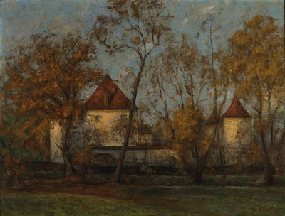 Karl Orth, 1869 Kaiserslautern-1942 Pasing, Maler bayrischer Landschaften, Schüler von fritz Baer, Ansicht Schloss Blutenburg bei München, rechts ...