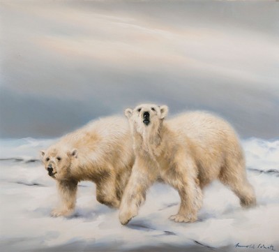 Arnold Schatz, 1929 Stepenitz/Pommern-1999 Bielefeld, Eisbären, Öl/Lwd, rechts unten sign., ca. 90x100cm, R. ca. 103x113cm, mit Gemäldebrief