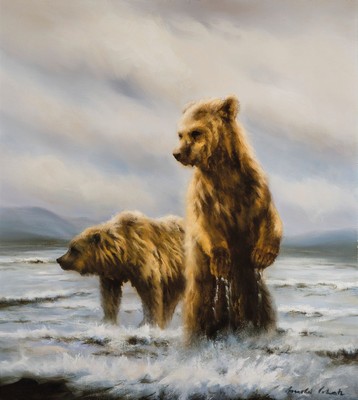 Arnold Schatz, 1929 Stepenitz/Pommern-1999 Bielefeld, Braunbären, Öl/Lwd, rechts unten sign., ca. 100x90cm, R. ca. 103x113cm, Rahmen besch., mit ...